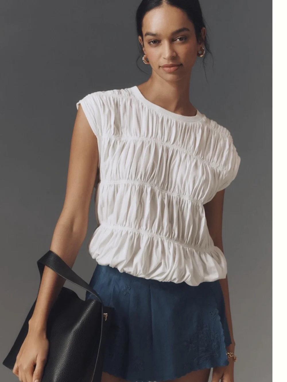 Nwt Maeve White Ruched Cap-Sleeve Top - Picture 1 of 4